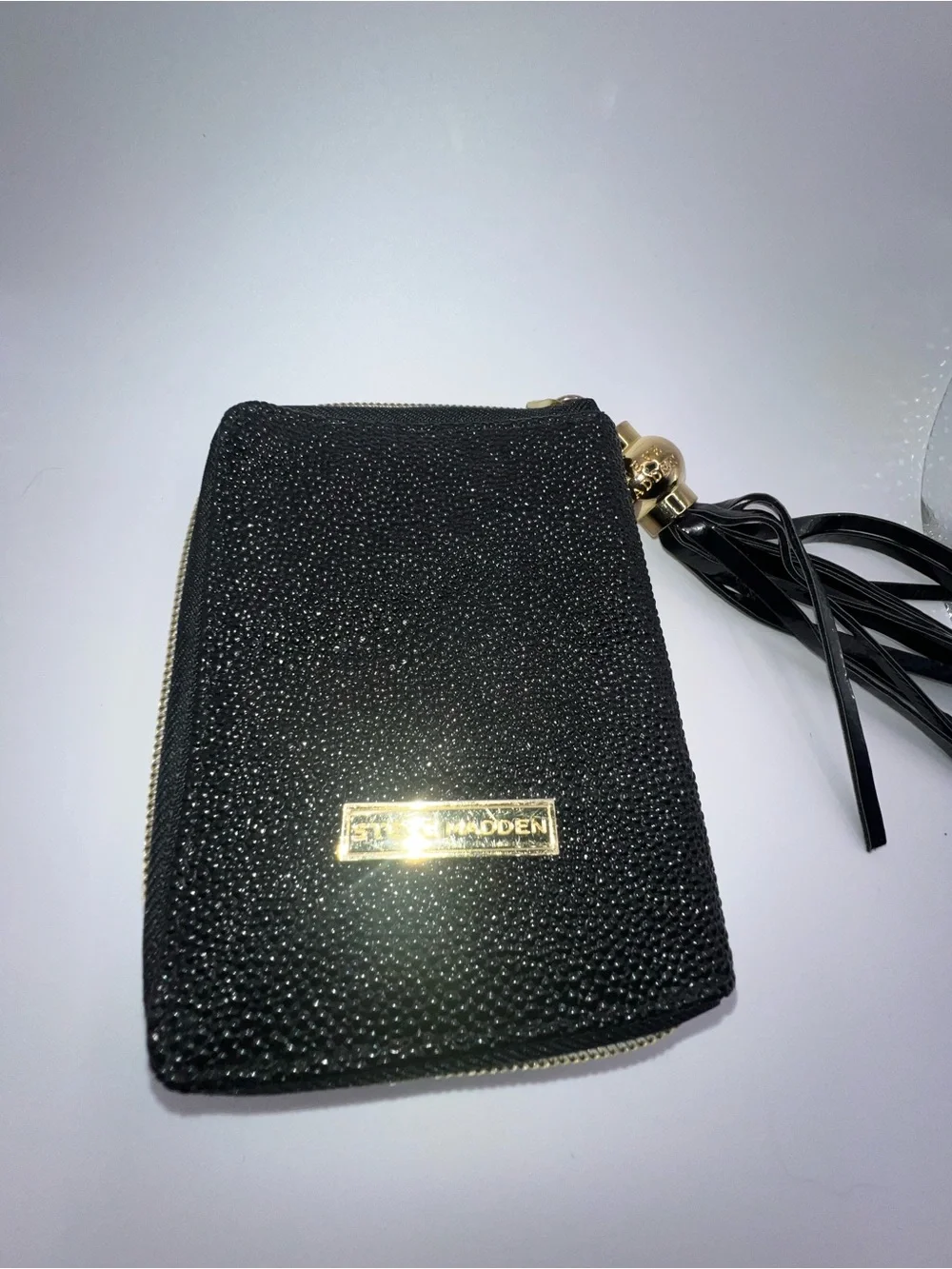 Steve Madden Black Glitter Zip Wallet with Tassel